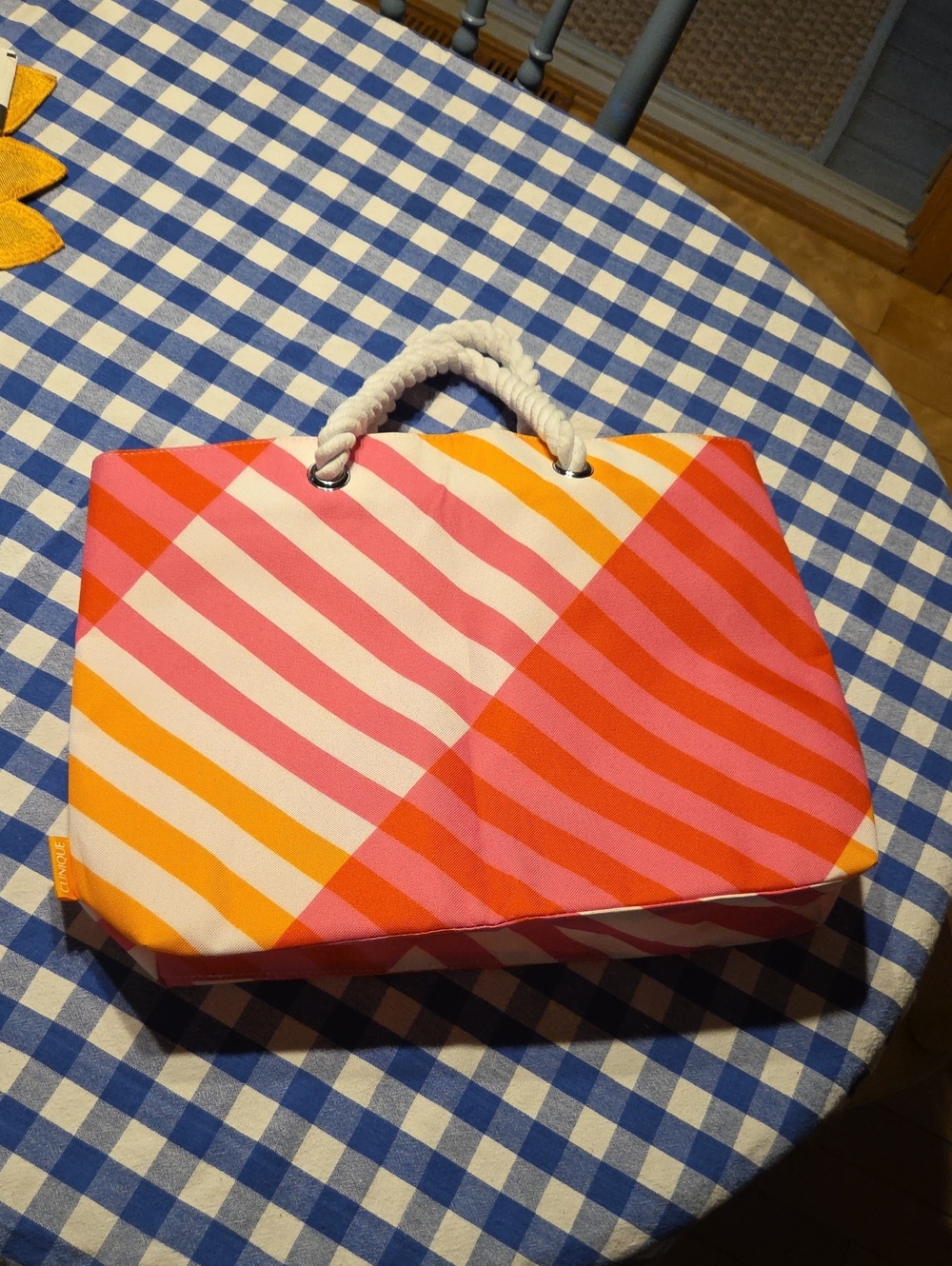 CLINIQUE Striped Pink & Orange Canvas Tote Bag with Rope Handles